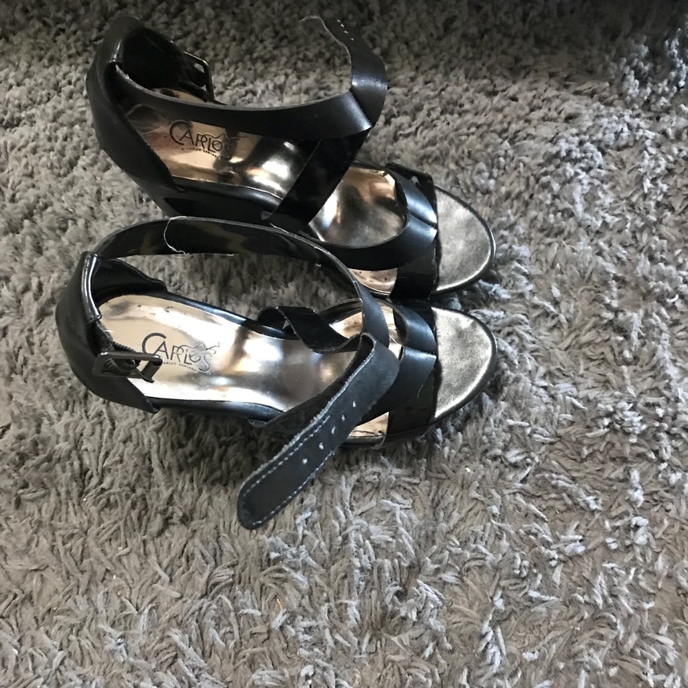 Black leather wedge heel sandals